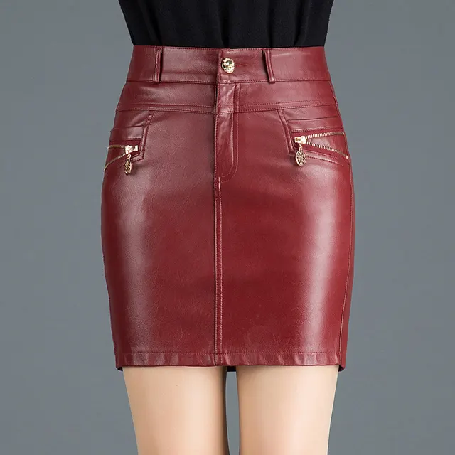 Thin One Step Large Size High Waist Pu Leather Bag Hip Skirt Red - Shop at LoveMi