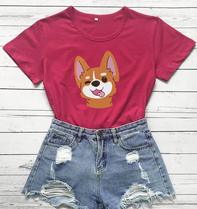 Animal Dog Print Short sleeved T shirt Rose Red - Shop at LoveMi