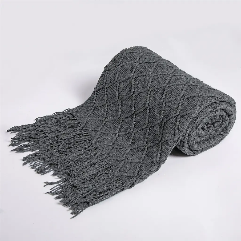 Nordic Pure Colour Travel Nap Knitted Sofa Blanket Tassel - Dark Grey006
