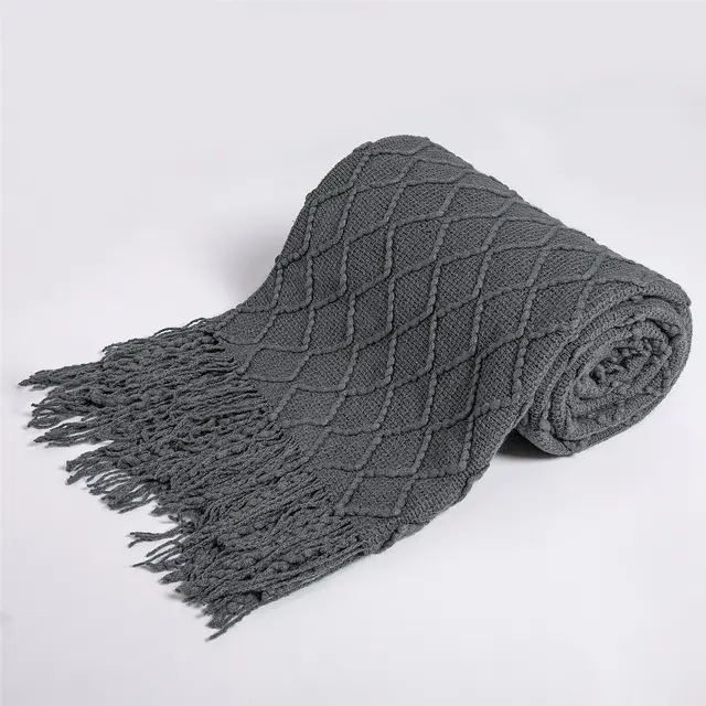 Nordic Pure Color Travel Nap Knitted Sofa Blanket Tassel Dark Grey006 - Shop at LoveMi