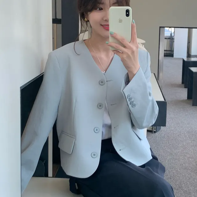 Temperament Female Autumn Collarless Short Suit Jacket Blue - Shop at LoveMi