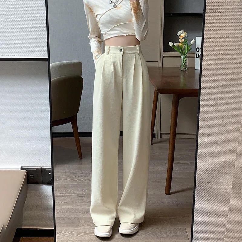 Corduroy Wide Leg Pants High Waist Loose Straight Drape Casual Retro Off White - Shop at LoveMi