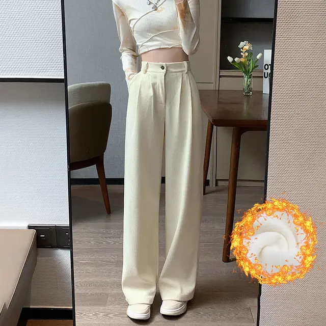 Corduroy Wide Leg Pants High Waist Loose Straight Drape Casual Retro Offwhite Plus Velvet - Shop at LoveMi