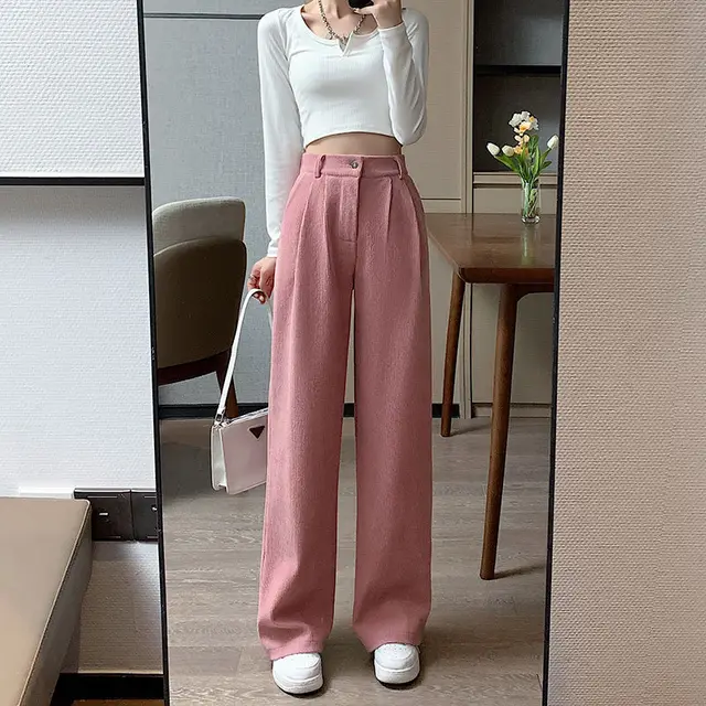 Corduroy Wide Leg Pants High Waist Loose Straight Drape Casual Retro Pink - Shop at LoveMi