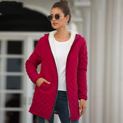 Hooded Long sleeved Light Cotton Coat Women Red - Shop at LoveMi