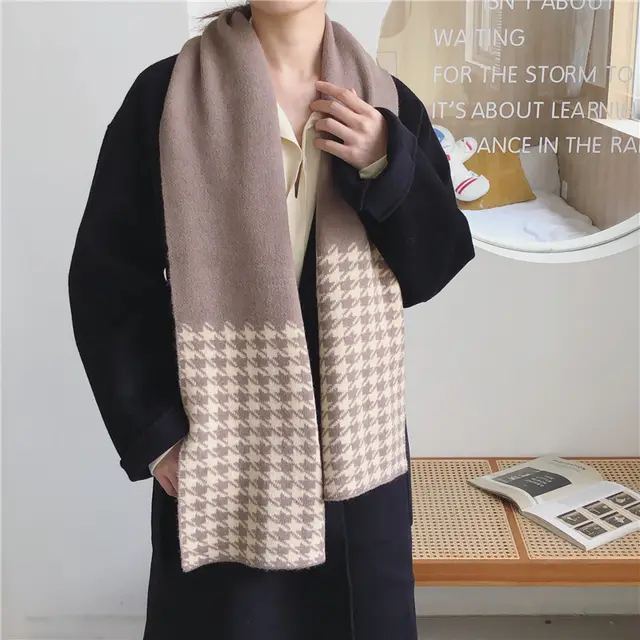 Fashion Women's Houndstooth Knitted Wool Scarf Coffee - Shop at LoveMi