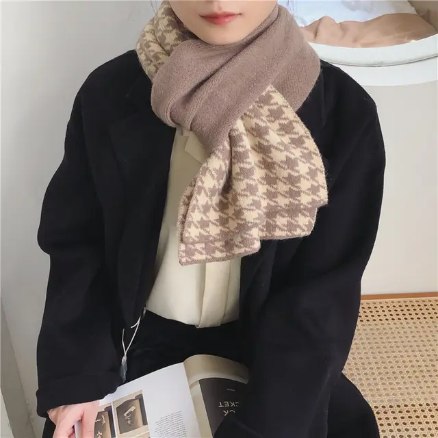 Houndstooth Dual use Long Thick Woolen Warm Scarf Coffee - Shop at LoveMi