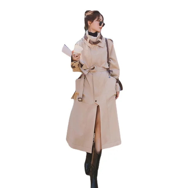 Autumn New Fashion Temperament Mid length Windbreaker Casual All match Khaki - Shop at LoveMi