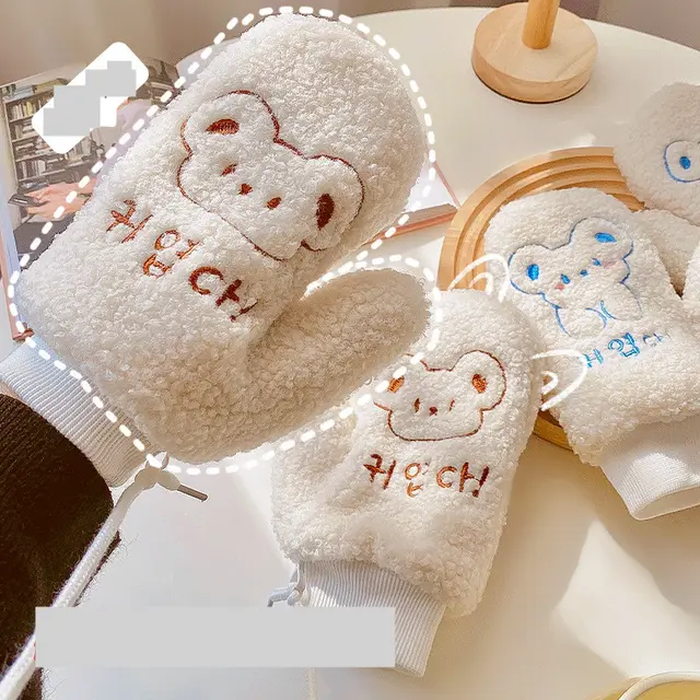 Winter Warm Embroidered Bear Student Gloves Brown - Shop at LoveMi
