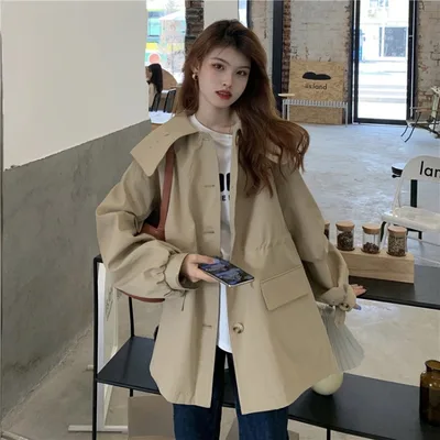 Women's Waist Small Windbreaker Mid length Coat Apricot - Shop at LoveMi