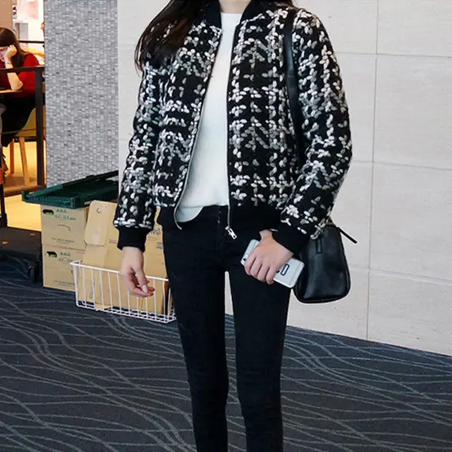 Ladies Fashion Korean Tweed Baseball Jacket Black - Shop at LoveMi