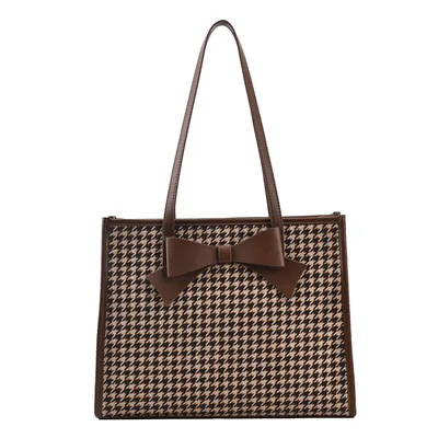 Bow Houndstooth Trendy Women's Shoulder Bag Coffee - Shop at LoveMi