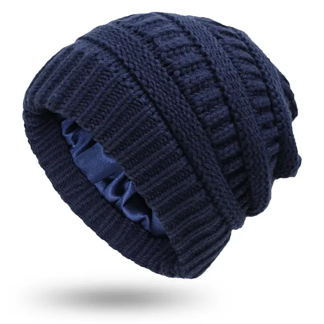 Hats Women's Protective Hairstyles, Warm Woolen Knit Satin Hats Navy Blue - Shop at LoveMi