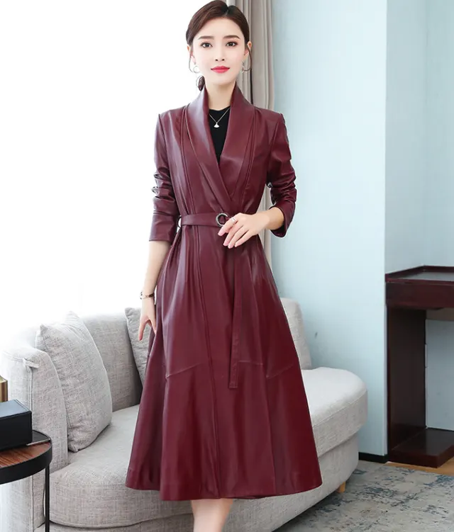Leather Sheep Skin Super Long Slim Fashion Wine Red - Shop at LoveMi