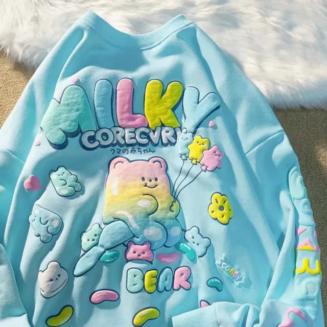 New Style Fun Loose Round Neck Sweater Cute Bear Print Light Blue - Shop at LoveMi