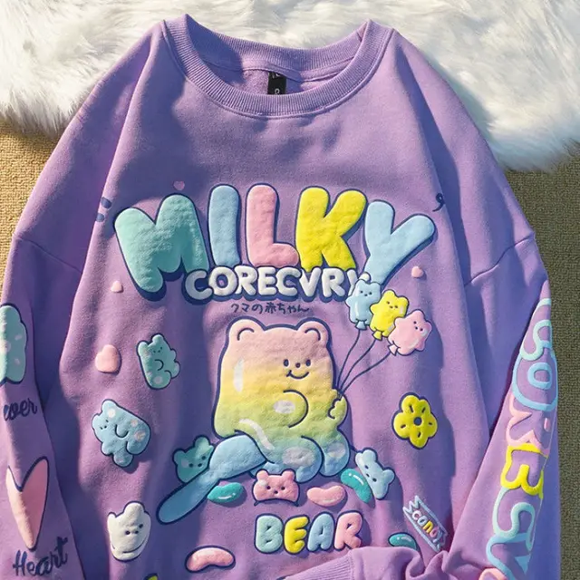 New Style Fun Loose Round Neck Sweater Cute Bear Print Purple - Shop at LoveMi