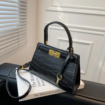 Daily Commute Solid Color PU Trend Stone Pattern Kelly Bag Black - Shop at LoveMi