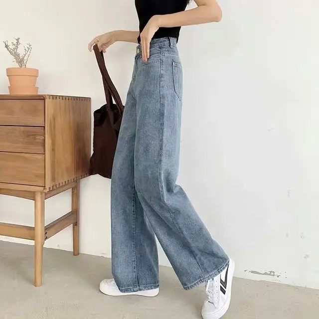 Retro High Waist Drape Chic Straight Mopping Trousers Blue - Shop at LoveMi
