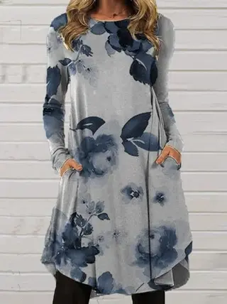 Women's Autumn Mid-skirt Street Hipster Print Dress - Blue