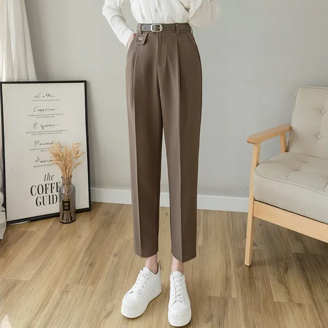 Female Professional Straight Loose Suit Harem Pants High Waist Coffee - Shop at LoveMi