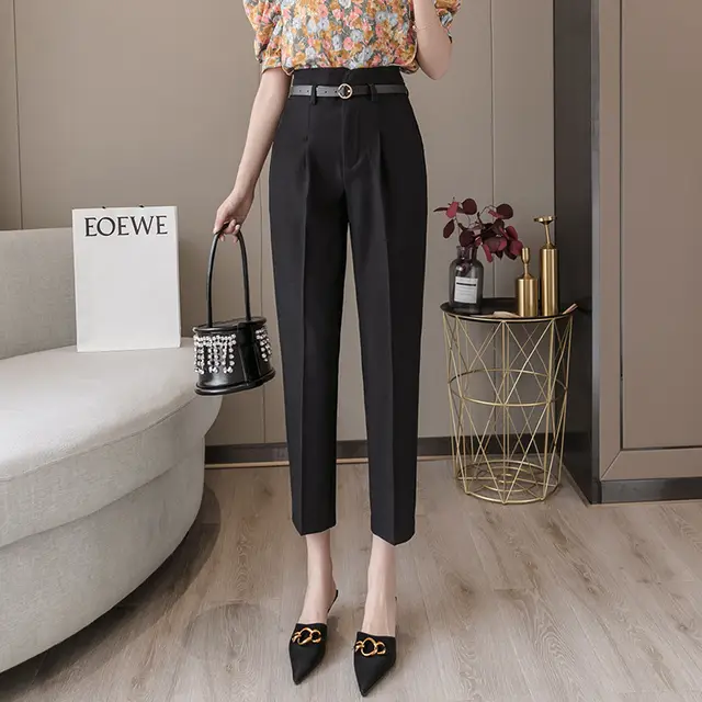 High waist Women's Draped Loose And Thin Casual Cropped Trousers Black - Shop at LoveMi