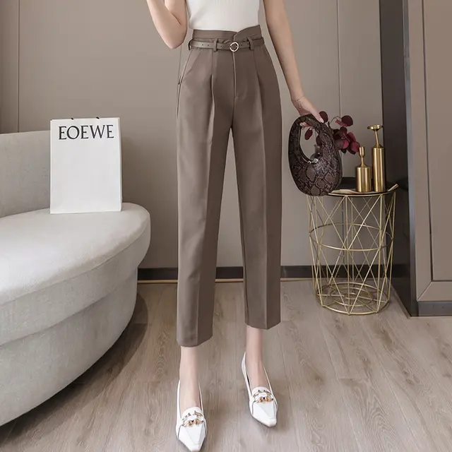 High waist Women's Draped Loose And Thin Casual Cropped Trousers Coffee - Shop at LoveMi