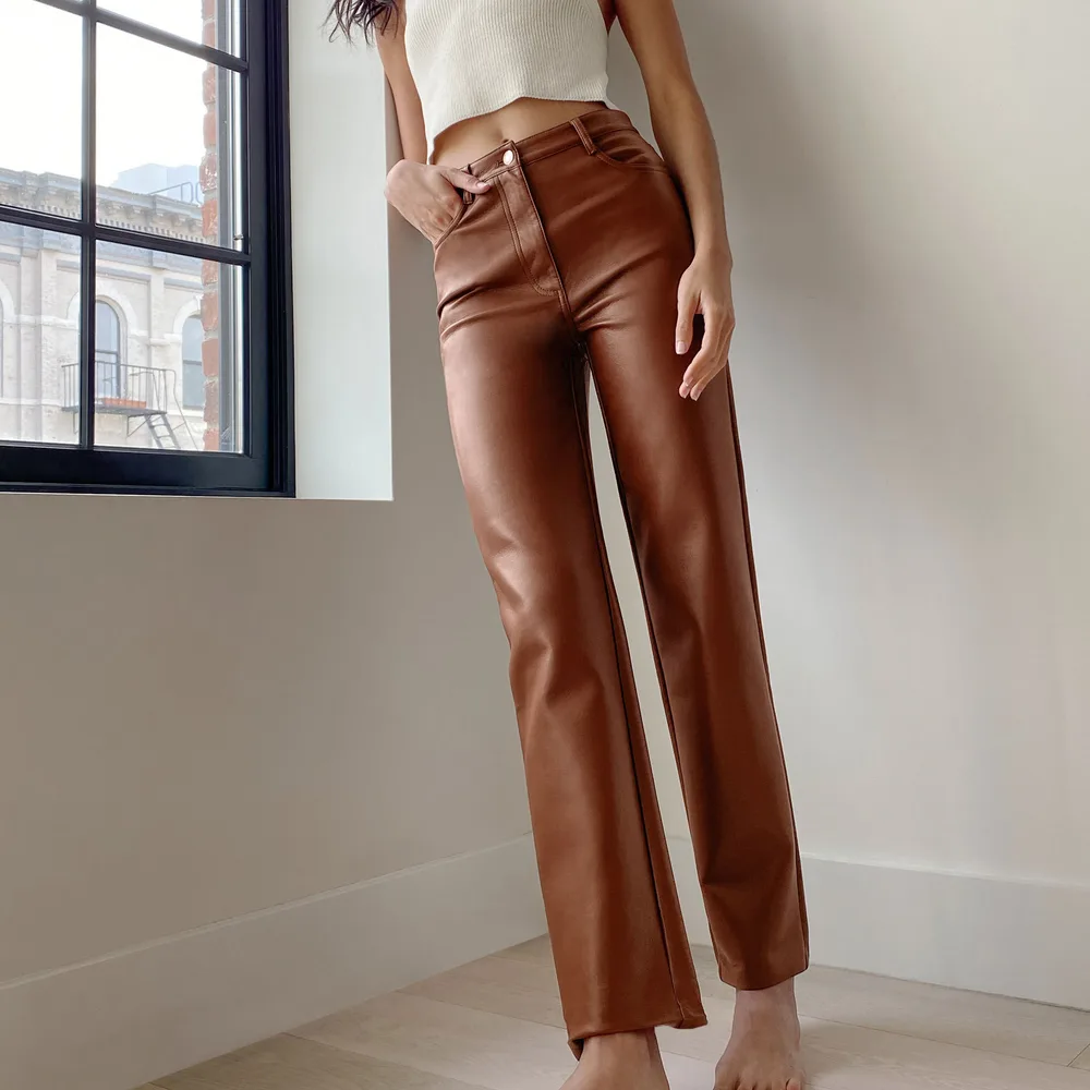 Women's French Temperament All match Leather Pants Brown - Shop at LoveMi