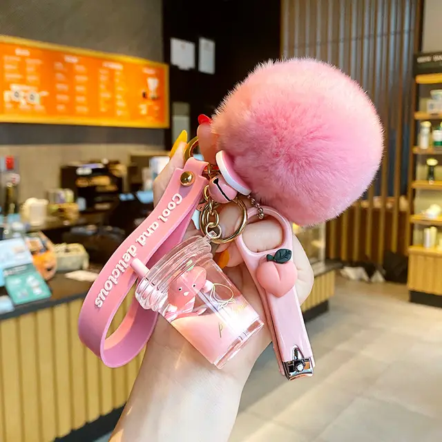 Milk Bottle Crystal Peach Milk Tea Cup Keychain Cute Fur Ball Key Chain Bag Pendant H - Shop at LoveMi