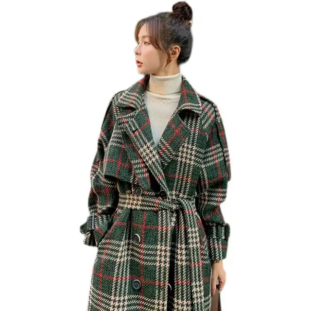 Green Plaid Loose Mid length Woolen Coat Green - Shop at LoveMi