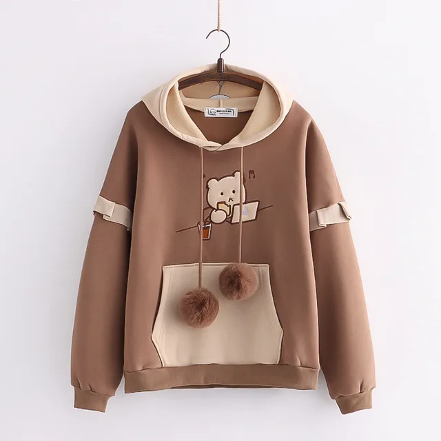 Hooded Bear Embroidery Plus Velvet Sweater Loose And Thin Coat Women Brown - Shop at LoveMi