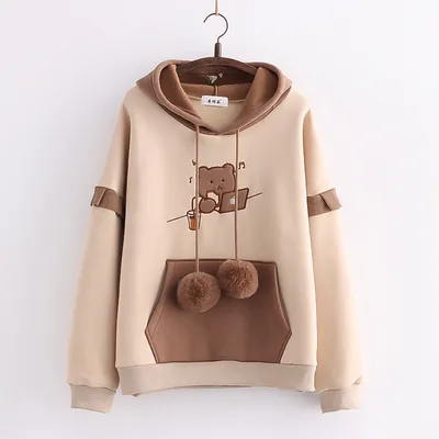 Hooded Bear Embroidery Plus Velvet Sweater Loose And Thin Coat Women Khaki - Shop at LoveMi