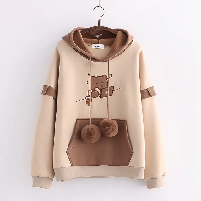 Hooded Bear Embroidery Plus Velvet Sweater Loose And Thin Coat Women Khaki - Shop at LoveMi