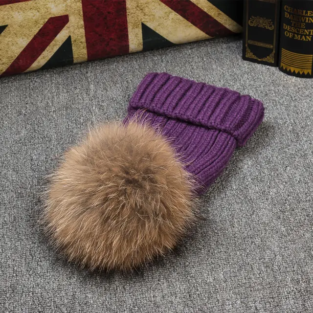 Women's Raccoon Fur Ball All match Knitted Hat Purple - Shop at LoveMi