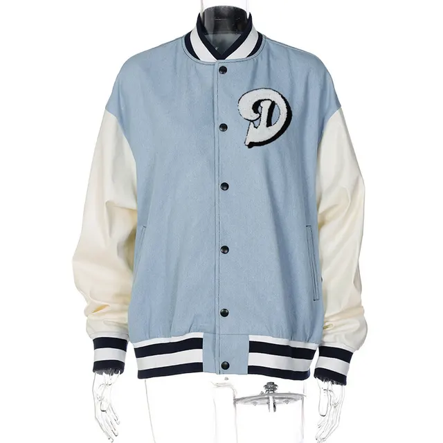 Letter Embroidered Cardigan Buttoned Denim Stitching Baseball Uniform Jacket Blue - Shop at LoveMi