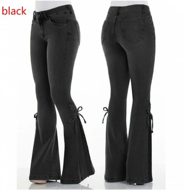 Mid Waist Lace Up Denim Trousers Stretch Jeans Women's Flared Pants Black - Shop at LoveMi