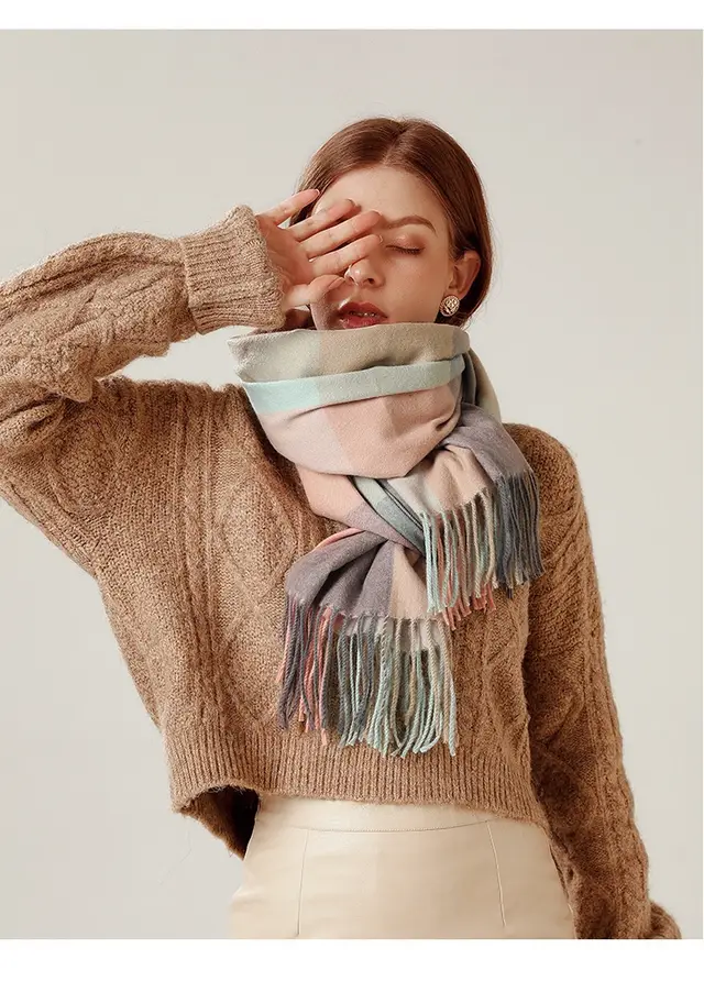 Shawl Scarf Winter Warmth Cashmere Tassel Plaid Long Bib 5Color - Shop at LoveMi