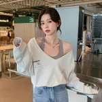 Fake Two-piece V-neck Sweater Women's Thin Loose Top - White Grey