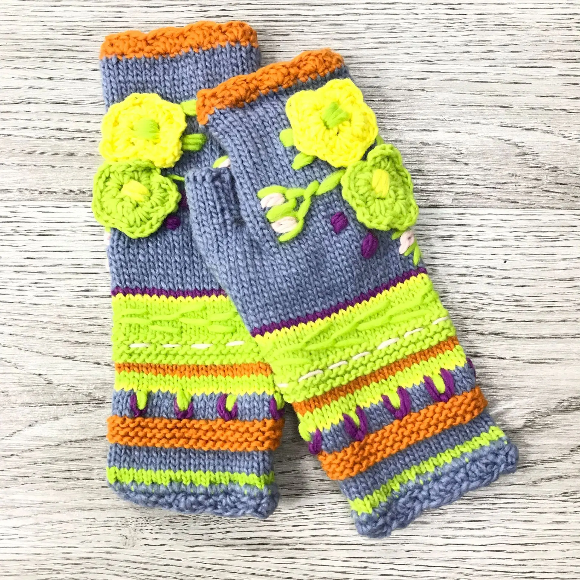 Women's Thick Needle Hand Crocheted Small Flower Adult Warm Knitted Gloves - Orange