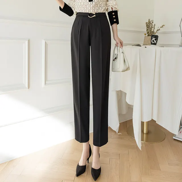 Women's High waist Straight Loose Korean Style Nine point Harem Pants Black - Shop at LoveMi