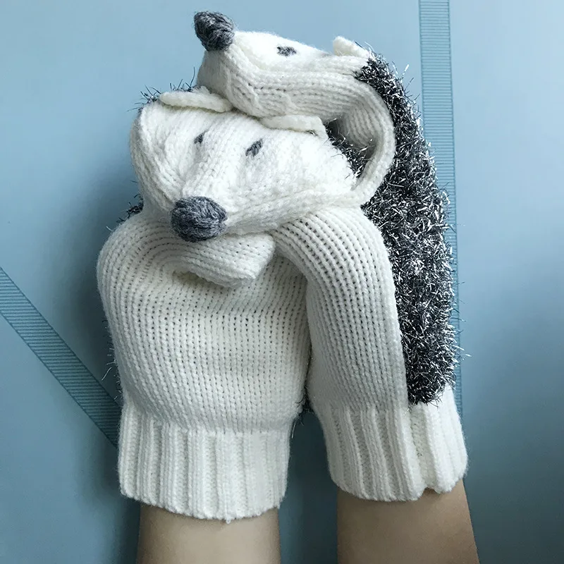 Winter Warm Mitten Knitted Embroidered Gloves - White