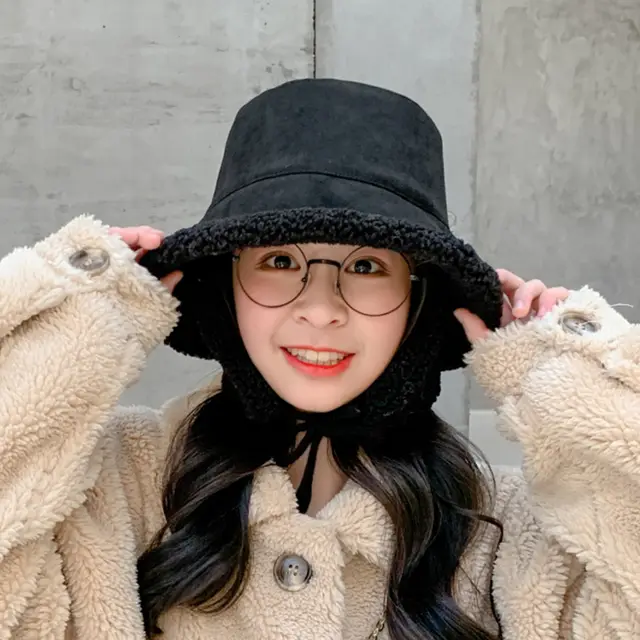 Fisherman Hat Female Suede Basin Warm Ear Protection Black - Shop at LoveMi