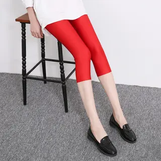 Fluorescent Seven-point Leggings Shiny Solid Color Gloss Pants - Red