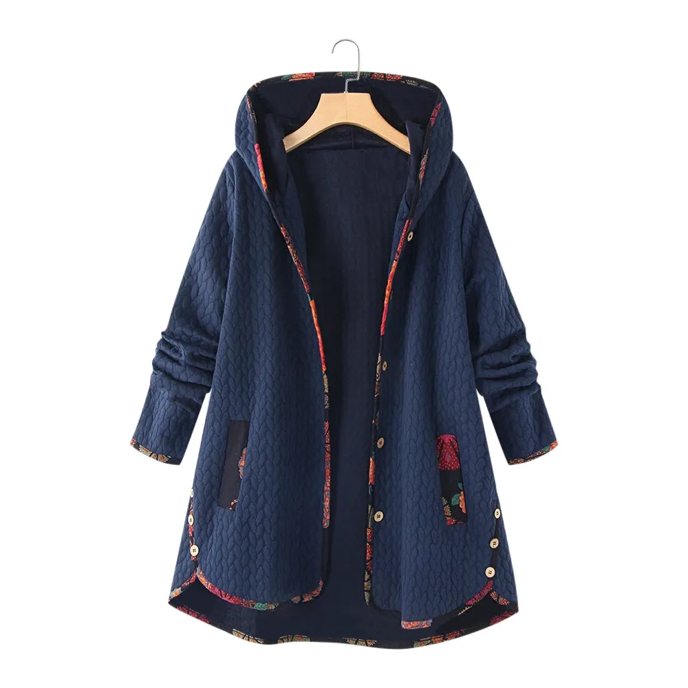 Women's Cotton Clothes Loose And Thin Printed Long Sleeves Navy Blue - Shop at LoveMi