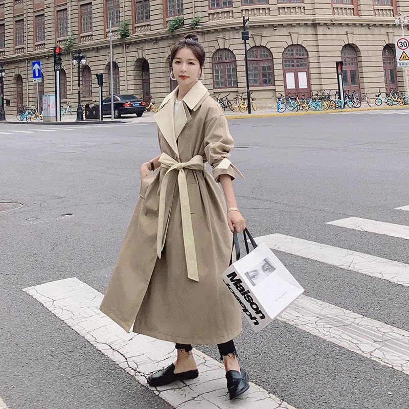 Women's Long Over-the-knee Windbreaker Women's Fashion Casual Jacket - Khaki