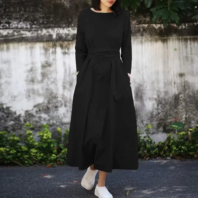 Ladies Pocket Long Sleeve Lace Up Maxi Dress Black - Shop at LoveMi