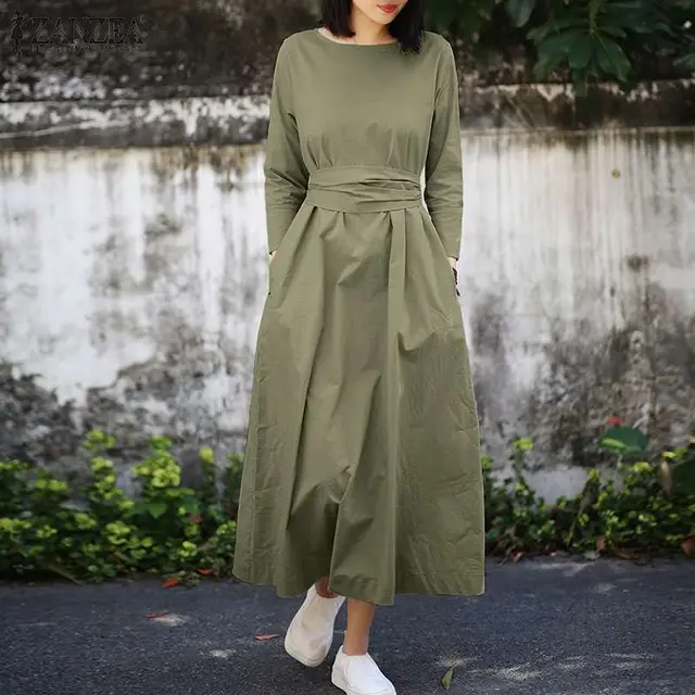 Ladies Pocket Long Sleeve Lace Up Maxi Dress Green - Shop at LoveMi