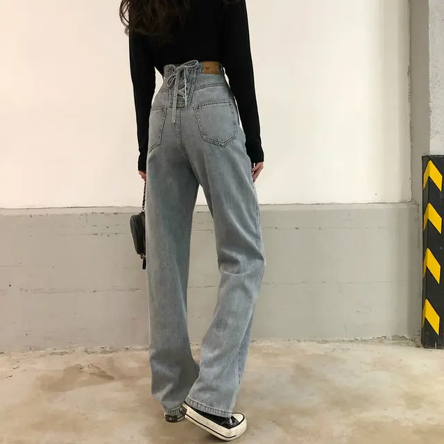 Loose Retro High waist Strap Straight Wide leg Jeans Blue - Shop at LoveMi