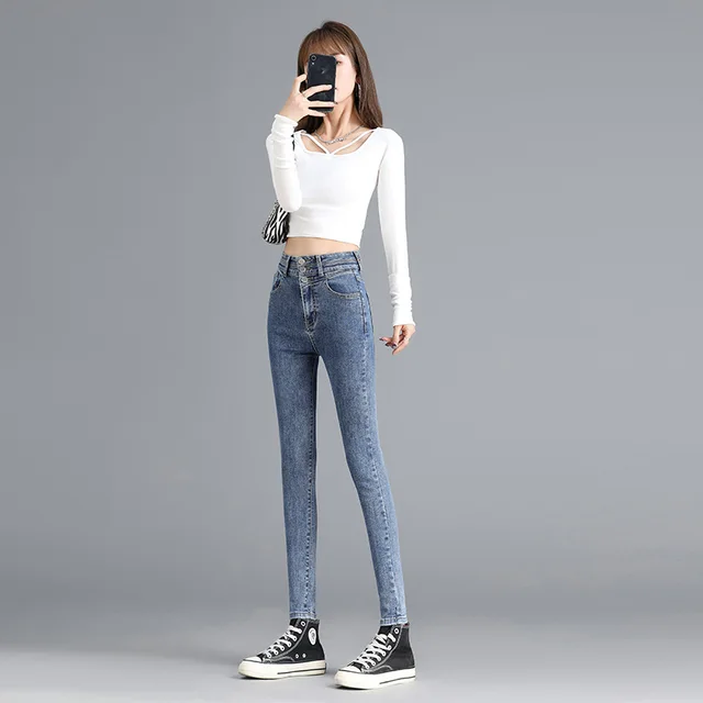 Slim Slim Denim Pencil Pants With Stretch Feet Blue - Shop at LoveMi