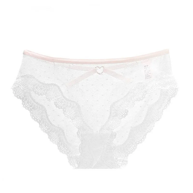 Lace Briefs Hollow Transparent Contrast Color Mesh Mid-waist Women's Panties - White