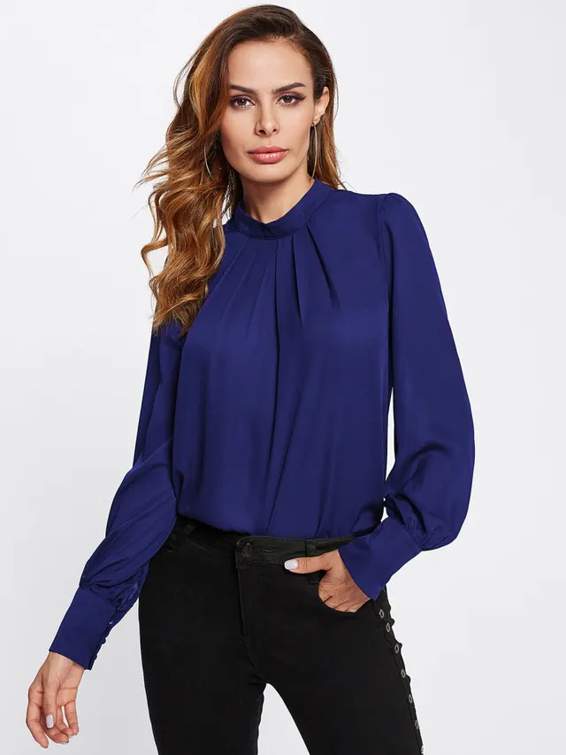 New Style Sleeve Chest Pleated Stand Collar Lady Chiffon Shirt Dark Blue - Shop at LoveMi